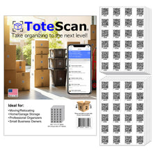 Load image into Gallery viewer, Limited Time Deal! ToteScanĀ® Intelligent QR Labels for Organization/Moving/Storage (60 unique sets of 4 labels, to place on all 4 sides of your box/container) 1.5"x1.5" labels.