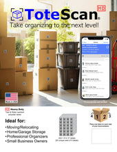 Load image into Gallery viewer, ToteScan® Intelligent QR Labels for Organization/Moving/Storage (60 unique sets of 4 labels, to place on all 4 sides of your box/container) 1.5"x1.5" labels. Choose paper or heavy duty label material