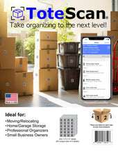 Load image into Gallery viewer, ToteScan® Intelligent QR Labels for Organization/Moving/Storage (60 unique sets of 4 labels, to place on all 4 sides of your box/container) 1.5"x1.5" labels. Choose paper or heavy duty label material