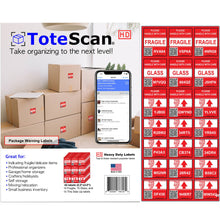 Load image into Gallery viewer, ToteScan HD (Heavy Duty) Warning labels (Fragile, Glass, This Side Up) Intelligent QR Labels for Organization/Moving/Storage (45 Unique Labels, 2.5"x3")
