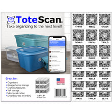 Load image into Gallery viewer, A graphic design showing a set of ToteScan QR labels in black and white and multi-color options, with an illustration of labels on blue and green storage totes, and a smartphone scanning a label.