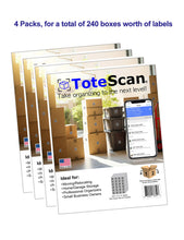 Load image into Gallery viewer, Limited Time Deal! ToteScanĀ® Intelligent QR Labels for Organization/Moving/Storage (60 unique sets of 4 labels, to place on all 4 sides of your box/container) 1.5"x1.5" labels.