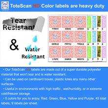 Load image into Gallery viewer, ToteScan HD Color (Heavy Duty) Intelligent QR Labels for Organization/Moving/Storage (45 Unique Labels, 2.5"x3")