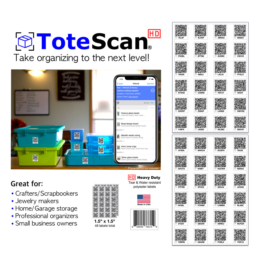 ToteScan HD  (Heavy Duty) Intelligent QR Labels for Organization/Moving/Storage (48 Unique Labels, 1.5