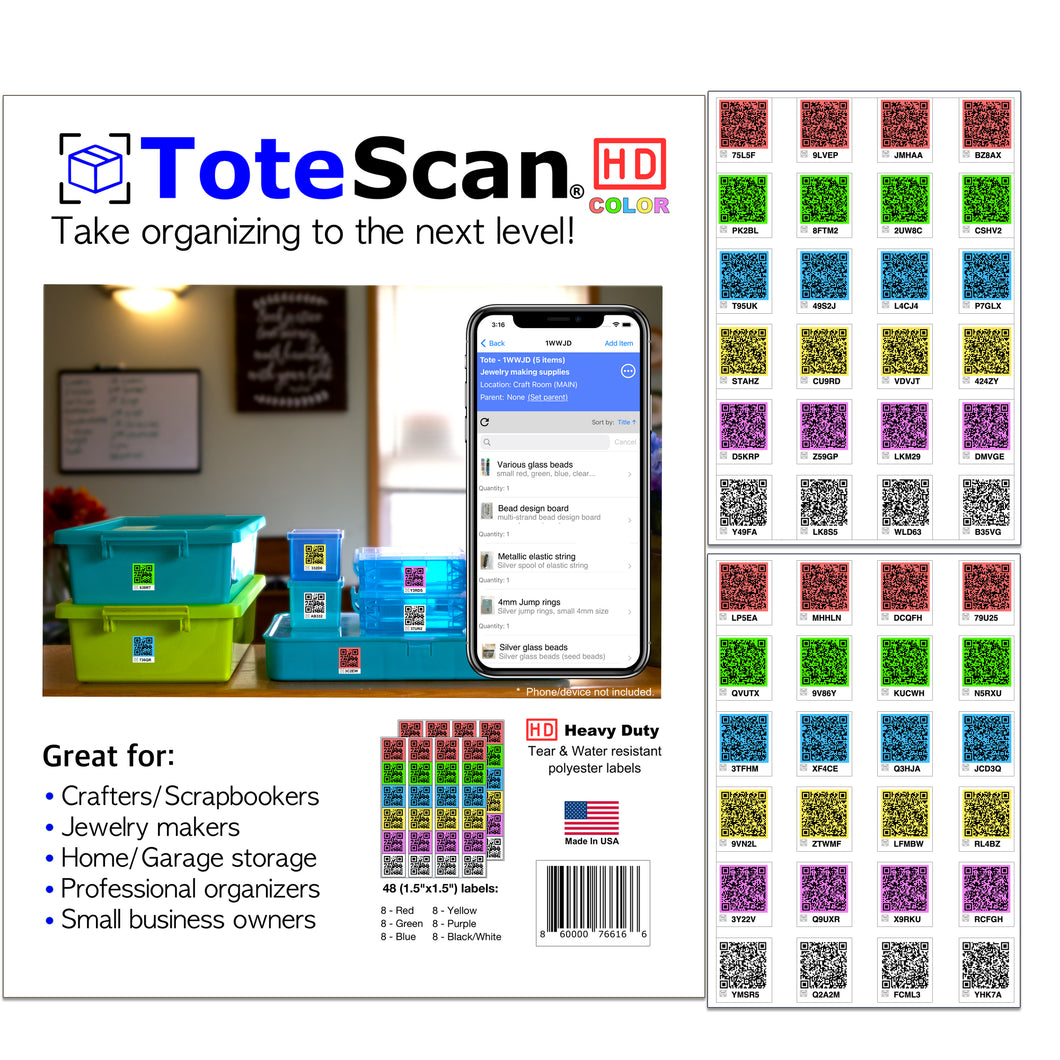 ToteScan HD Color (Heavy Duty) Intelligent QR Labels for Organization/Moving/Storage (48 Unique Labels, 1.5