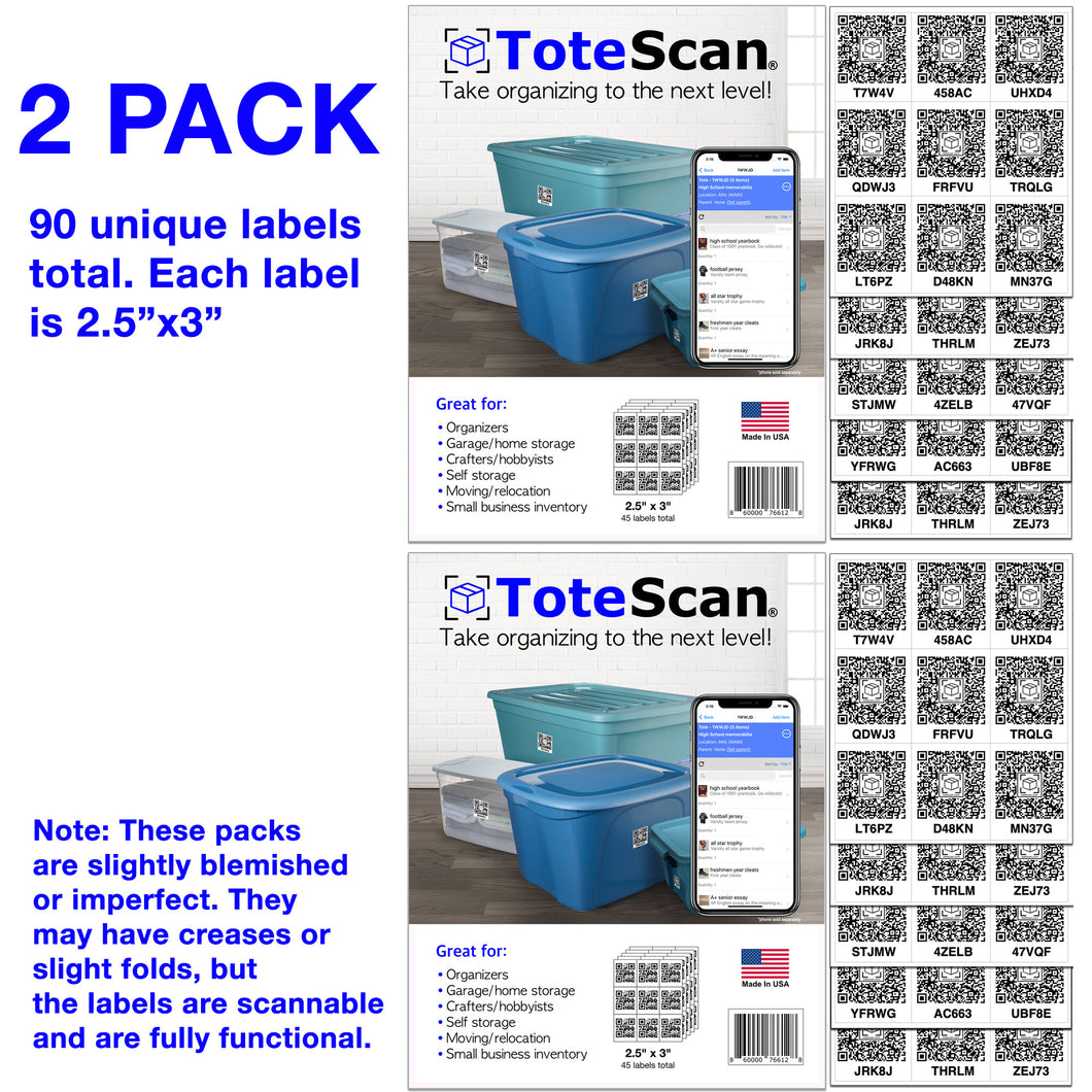 (Blemished) 2-Pack of ToteScan® Intelligent QR Labels for organizing & Storage (90 Labels total, 2.5