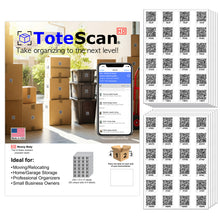 Load image into Gallery viewer, ToteScan® (HD - tough labels)Intelligent QR Labels for Organization/Moving/Storage (60 unique sets of 4 labels, to place on all 4 sides of your box/container) 1.5&quot;x1.5&quot; labels
