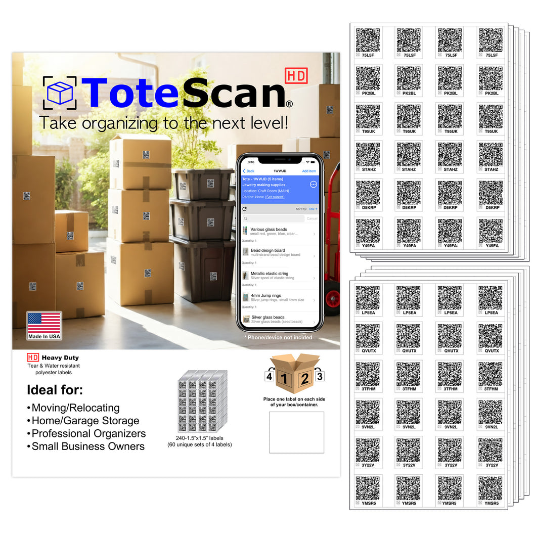 ToteScan® (HD - tough labels)Intelligent QR Labels for Organization/Moving/Storage (60 unique sets of 4 labels, to place on all 4 sides of your box/container) 1.5