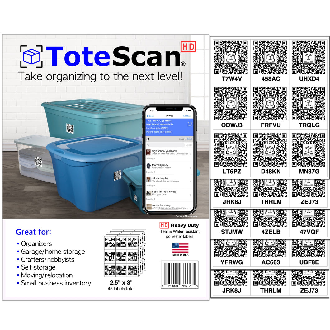 ToteScan HD Heavy Duty) Intelligent QR Labels for Organization/Moving/Storage (45 Unique Labels, 2.5