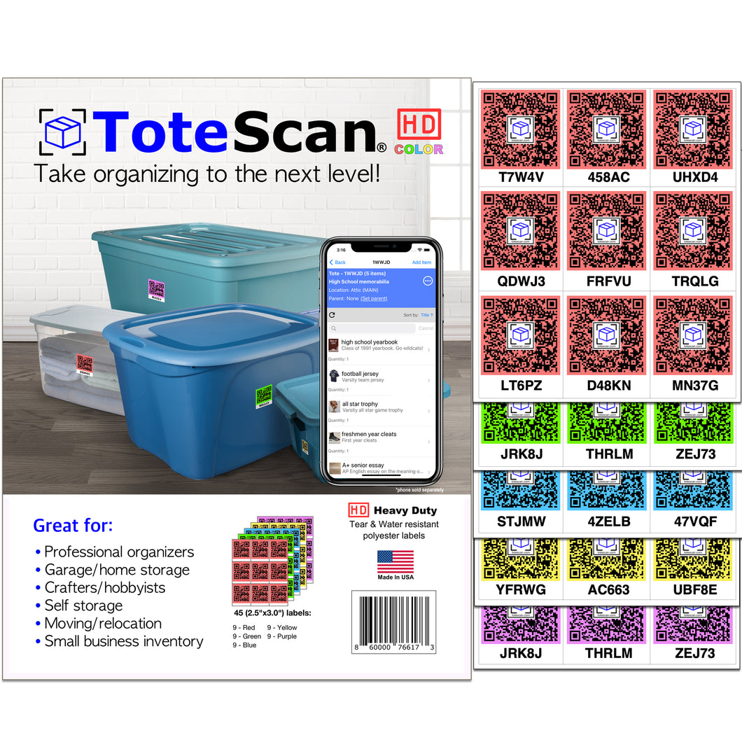 ToteScan HD Color (Heavy Duty) Intelligent QR Labels for Organization/Moving/Storage (45 Unique Labels, 2.5