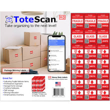 Load image into Gallery viewer, ToteScan HD (Heavy Duty) Warning labels (Fragile, Glass, This Side Up) Intelligent QR Labels for Organization/Moving/Storage (45 Unique Labels, 2.5&quot;x3&quot;)
