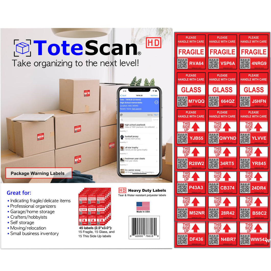 ToteScan HD (Heavy Duty) Warning labels (Fragile, Glass, This Side Up) Intelligent QR Labels for Organization/Moving/Storage (45 Unique Labels, 2.5