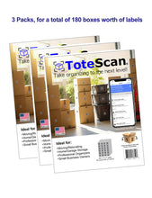 Load image into Gallery viewer, Limited Time Deal! ToteScan® Intelligent QR Labels for Organization/Moving/Storage (60 unique sets of 4 labels, to place on all 4 sides of your box/container) 1.5&quot;x1.5&quot; labels.
