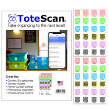 Load image into Gallery viewer, ToteScan® Intelligent QR Labels for organizing &amp; Storage (48 labels, 1.5&quot;x1.5) (black&amp;white or multicolor/color options)
